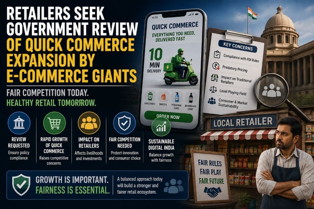 Retailers Seek Government Review of Quick Commerce Expansion by E-Commerce Giants Illustration